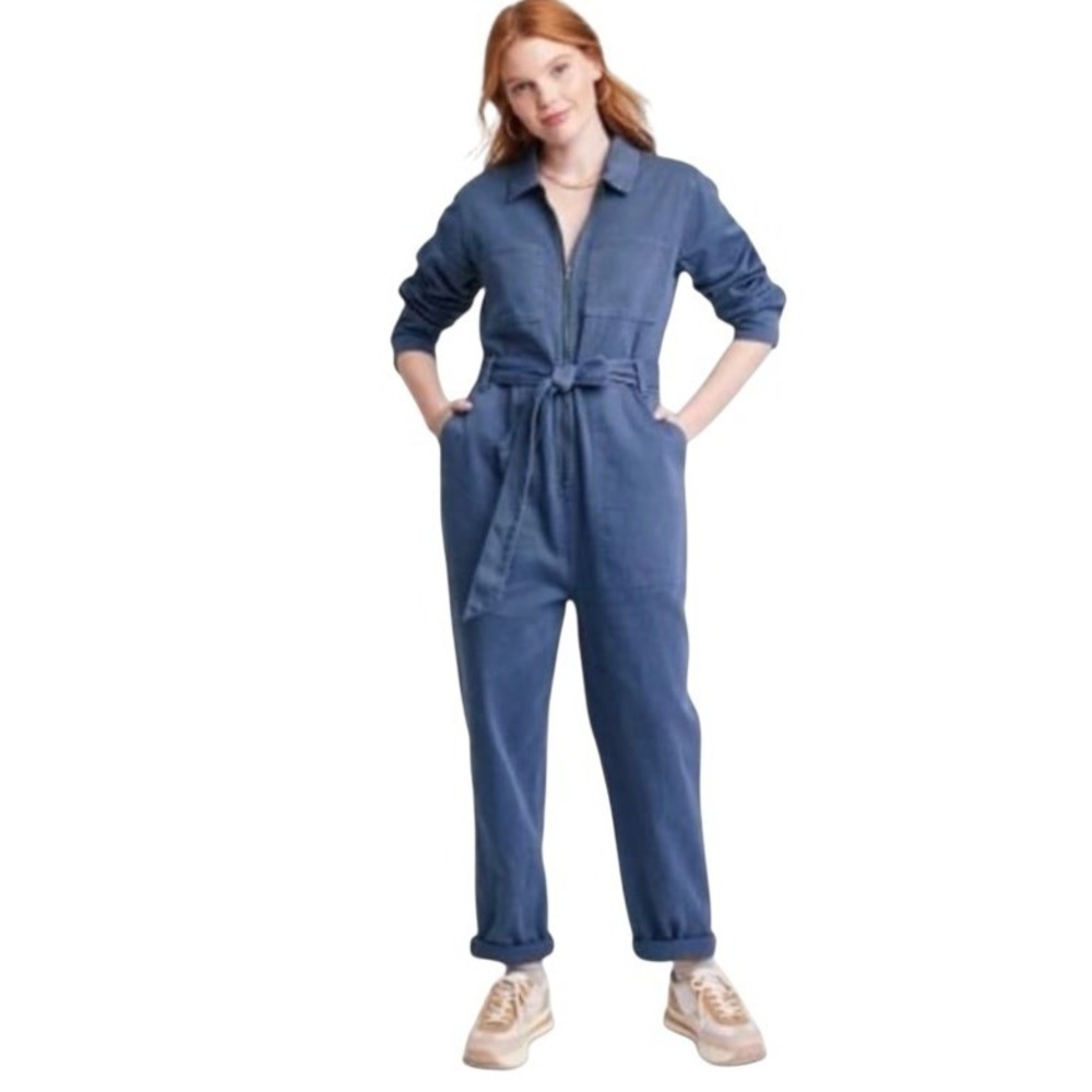 Chambray Jumpsuit Women Medium Blue Utility Denim One Piece Tie Waist Romper